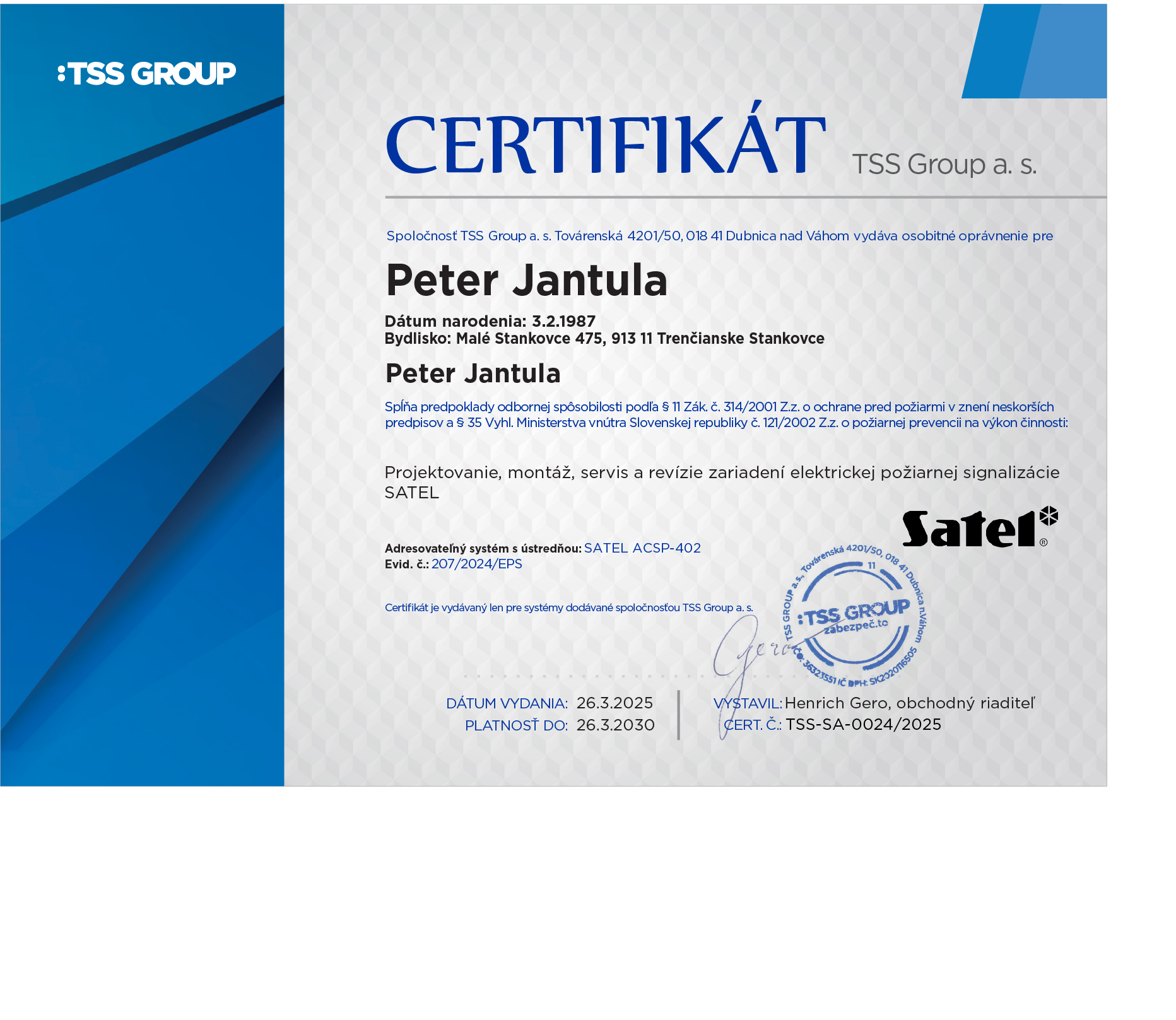 Certifikát Satel