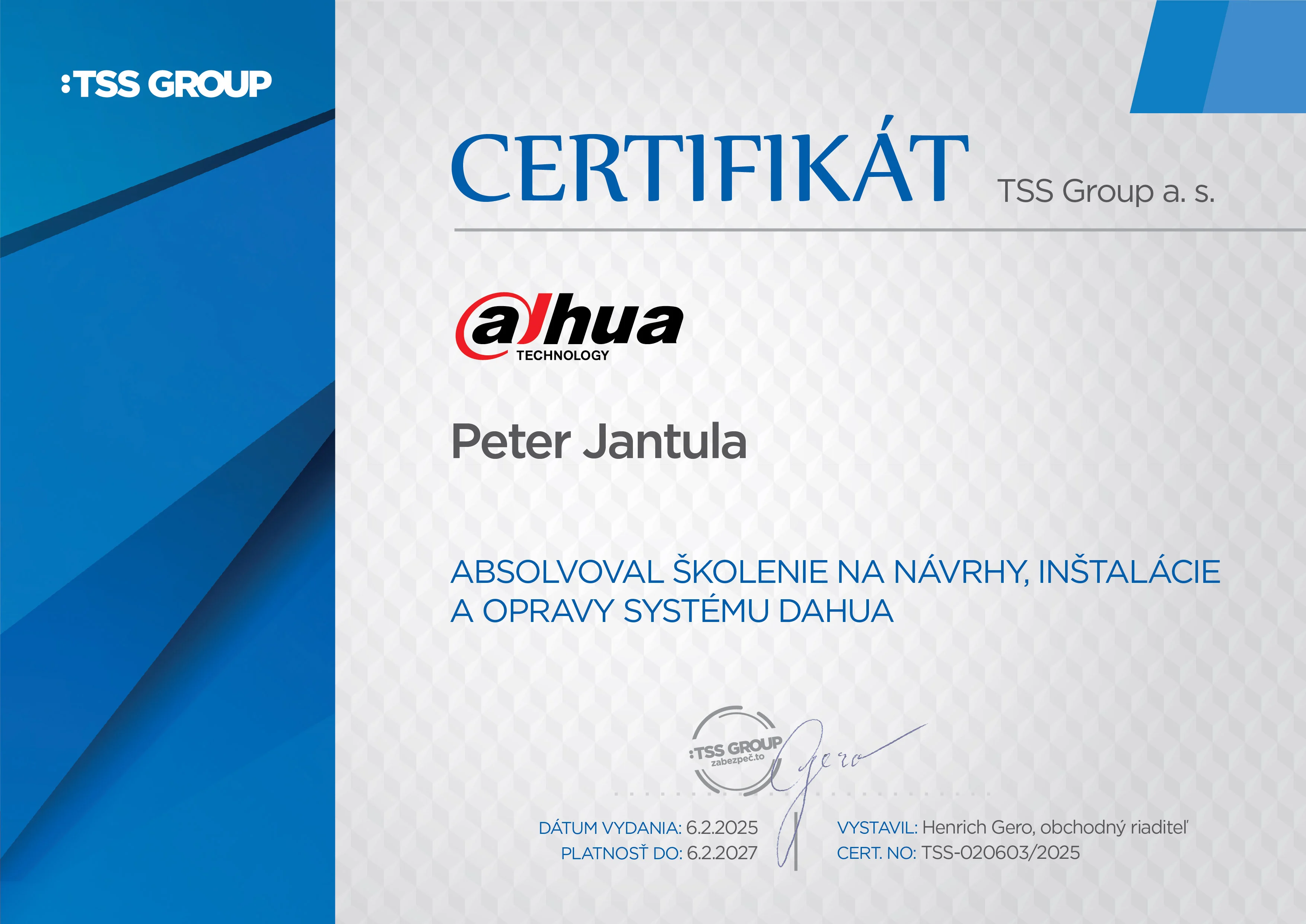 Certifikát Dahua